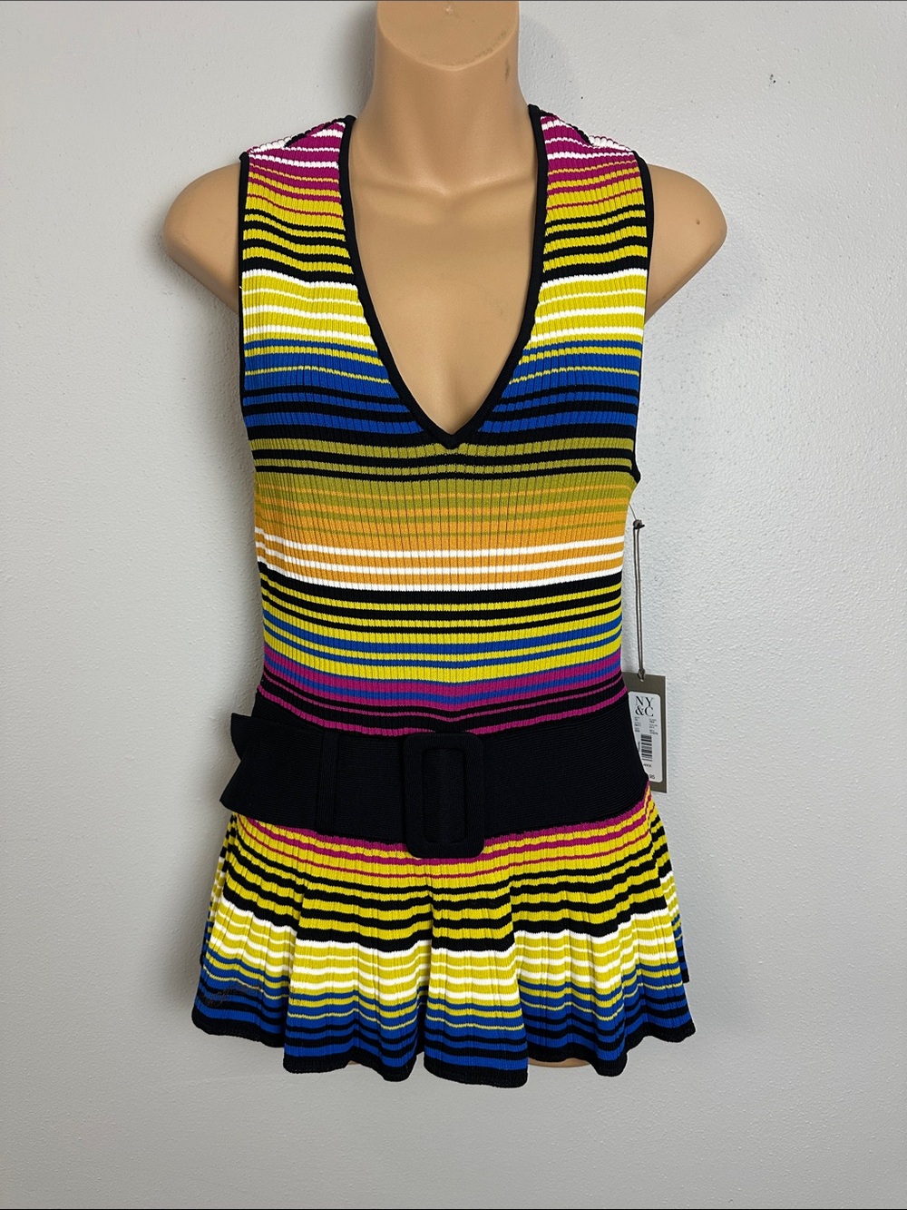 New York & Company Eva Mendes Vintage Inspired Striped Ribbed Belted Peplum Tank